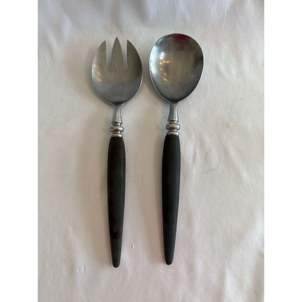 Vintage Guildcraft MCM Forged Stainless Steel 2-Piece Salad Serving Set Black Ha
